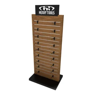 Double Sided Slatwall Wooden Display Stand with Novel Freestanding Metal Hook for Hanging Item Display