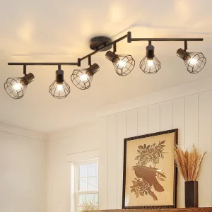 E14 Ceiling Spotlight 6-Way Adjustable Industrial Black Metal Wire Cage Track Light for Living Room Bedroom