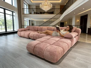 Easy Storage L Shape Modules Lavender Pink Velvet Upholstered Compressed Sofa European Luxury Modular Couch Workshop Park
