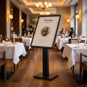 Eco-Friendly Floor Standing Menu Sign Holder Aluminum Matte Black Snap Open A3 A4 Poster Stand for Restaurant Hotel Lobby Cafe
