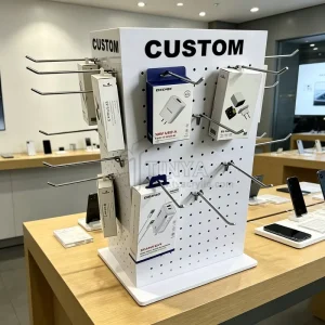 Electronic Shop Counter Display Rack for Cell Phone Accessories with Acrylic USB Charger Display, Metal Hooks, and Spinning Stand