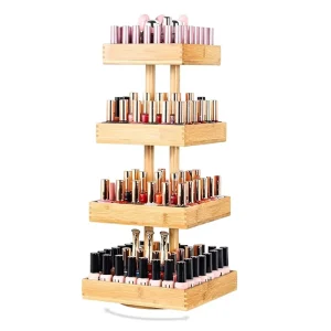 Essential Oils Adhesive Display Rack Four Tier Standing Storage Rack Bamboo Square 360 Degree Rotating Modern Simplicity