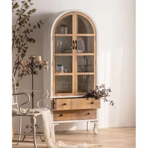 European Retro White Living Room Furniture Nordic Home Luxury Cabinets Antique Wooden Glass Display Storage Cabinet with Drawer