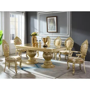 European Royal Style Gold Wood Dining Table and Chairs 6 8 Seater Furniture Dining Room Complete Classic Luxury Dining Table Set