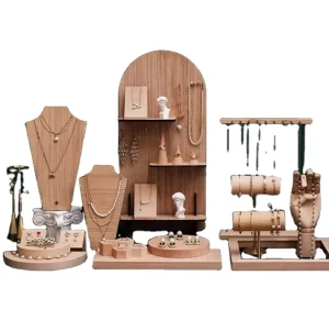 Factory Custom Design Light Wood Jewelry Display Set with Necklace Ring and Earring Holders