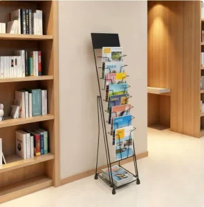 Factory Custom No Assembly Metal Floor Stand Literature Magazine Newspaper Brochure Display Racks for Library Office Exhibition