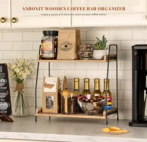 Factory Custom Wood Organizer Coffee Corner Kitchen Counter Shelf Double-Tier Cosmetic Storage