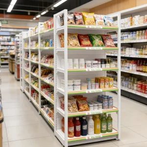 Factory Custom made Double sided Metallic Cold rolled Steel Multi layer Layout Supermarket Rack Light Duty Freestanding Epoxy