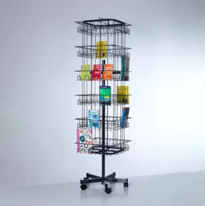 Factory Direct Metal Display Rack, 4-Sided Rotating Brochure Stand on Wheels