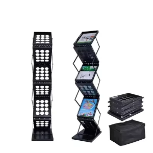 Factory Floor-Standing Foldable Portable Brochure Holder Rack, Black Steel