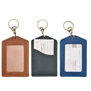 Factory Top Layer Genuine Leather ID Badge Holder with Key Ring, Clear Window, and Double Slot