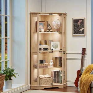 Farmhouse Wood Corner Glass Display Cabinet with Lock and Adjustable LED Light Curio Showcase for LEGO Action Figures