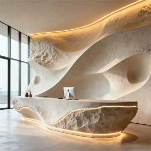 Fiberglass Reception Desk with Wabi-Sabi Wind and Waves Design and LED Light for Hospitals and Offices