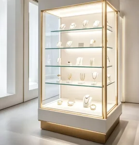 Floor-Standing Jewelry Display Cabinet with LED Lighting, Tempered Glass, 4 Tiers, and Gold Trim