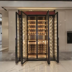 Floor-to-Ceiling Wine Cabinet with LED-Lit Glass Doors and Wooden Racks