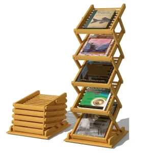 Foldable Magazine Rack Bamboo Brochure Display Stand Portable Pop up Literature Holder with 5 Pockets