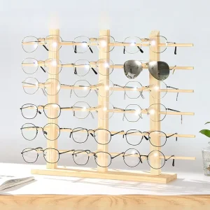 Foldable Solid Wood Sunglasses & Glasses Display Stand with Pine Finish for Eyewear and Prescription Glasses