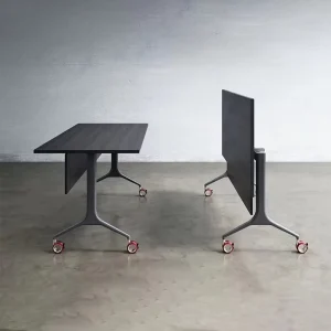 Folding Flip-Top Office Training Table on Casters, Nesting Mobile Desk with Three Legs for Seminars and Meetings