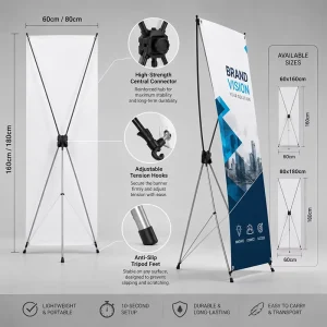 Folding X Frame Banner Stand, 60 x 160 cm and 80 x 180 cm, PVC Printing