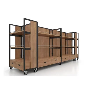 Four-Sided Metal and Wooden Display Stand for Supermarkets