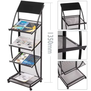 Four Tier Magazine and Book Display Rack Brochure Rack Newspaper Display Rack with Removable Wheels