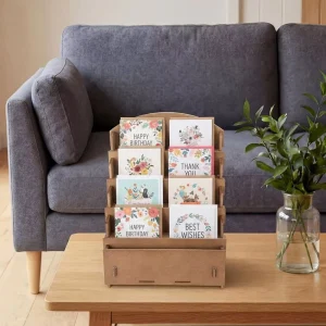 Four-Tier Portable Wooden Greeting Card Display Stand and Jewelry Storage Rack
