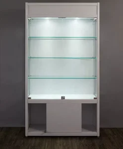 Free-Standing White Wooden Glass Wall Display Storage Cabinet for Retail Store