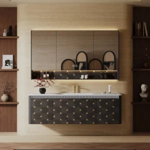 French Hotel-Style Sintered Stone Countertop with Solid Wood Cabinet and Smart Mirror Cabinet