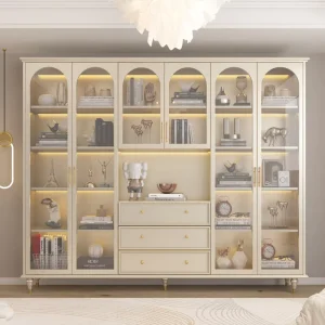 French Style Solid Wood Bookcase with Glass Doors and Wine Display Cabinet