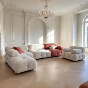French Three-Seat Modular Sofa Cream Fabric Tofu Block Style