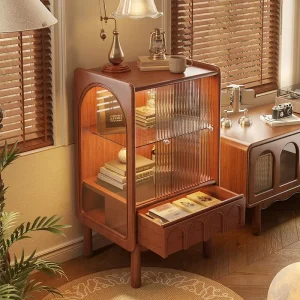 French Vintage Design Glass Display Cabinet Living Room Solid Wood Wine Storage Cabinet