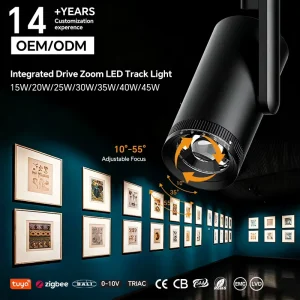 Gallery LED Track Light 10-55° Adjustable Beam Angle COB Spotlight DALI 0-10V Triac Dimming for Retail Store Showroom