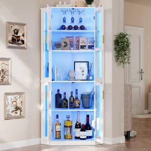Glass-Door Display Cabinet with LED Lighting, Lock, and Wood Construction for Hotel or Home