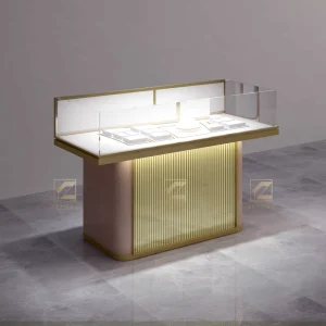Glass Jewelry Display Showcase with LED Light and Gold Finish
