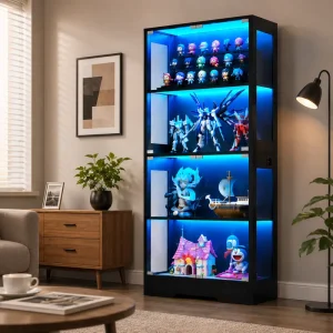 Glass Living Room Cabinet for Action Figures with LED Lighting, Black, Tall