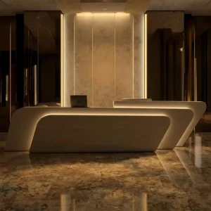 Glossy White Reception Desk with LED for Mall, School, Office, Hotel, or Cashier