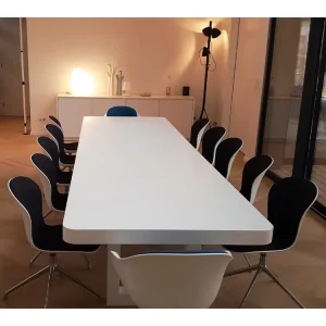 Glossy White Stone Rectangular Office Conference Table and Chair Set