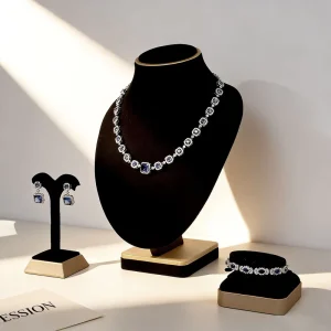 Gold-Edged Wooden Jewelry Display Stand Set for Necklaces, Bracelets, Earrings, and Rings