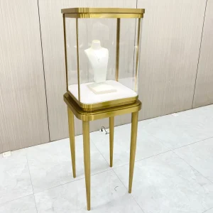 Gold-Framed Glass Display Cabinet with Adjustable Shelves and Anti-Dust Design for Jewelry Stores