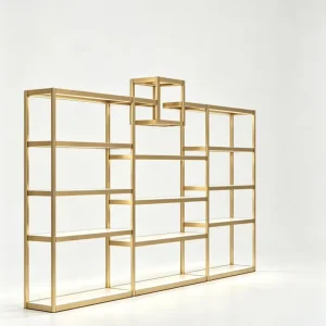 Gold Metal Display Shelving Unit with White Shelves and Asymmetrical Design