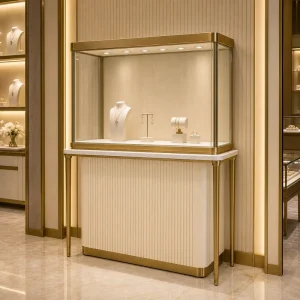 Gold Stainless Steel Jewelry Display Cabinet with Tempered Glass and LED Lighting