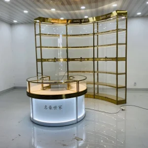 Grocery Store Gold Wall Shelf Display Showcase with LED Lighting for Jewelry Stores