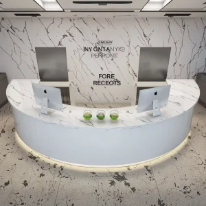 Half Shape Curved Reception Desk Artificial Marble Stone Top LED Bottom Strip Modern Office Hotel Lobby Counter Custom Logo