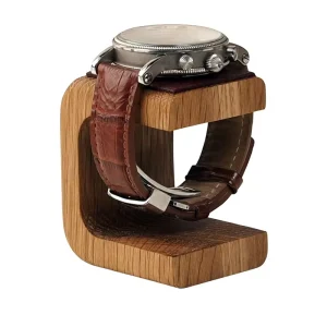 Handmade Modern Double Tier Solid Wood Watch Stand Cow Leather Watch Holder Rack for Men’s & Women’s Watches Display Tool