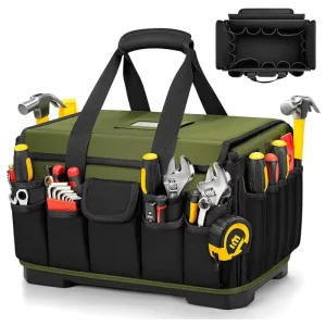 Heavy Duty 16-Inch Electrician’s Tool Bag for Men Green/Black Waterproof Tear-Resistant Hard Bottom with Pockets