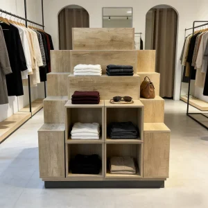 Heavy Duty Double Sided Wooden Steel Adjustable Freestanding Display Shelves for Retail Stores Supermarkets Clothing Shops Other
