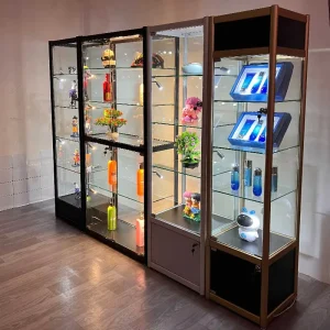 High Quality Full Vision LED Light Aluminum Frame Jewelry Showcases Display Show Case Cabinet For Retail Store Glass Showcase