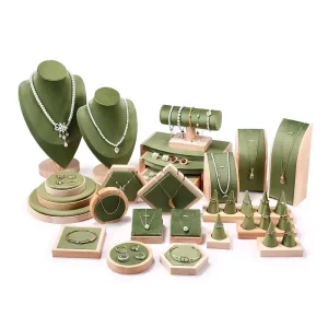 High quality Props Velvet Wood Jewelry Display Rack Holder Tray Vintage Velvet Necklace Earring Ring Showcase Stand Set