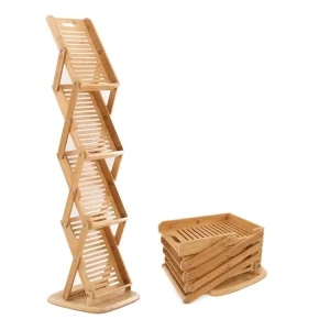 Home Foldable Floor Magazine Rack Pot up 4 Pockets Catalog Literature Stand Holder Brochure Wooden Bamboo Display Racks