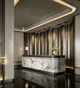 Hotel Reception Counter with Marble Top Varnished Finish and Customizable Size